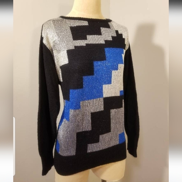 VINTAGE GEOMETRIC SWEATER 80S METALLIC MADEMOISELLE RETRO FALL WINTER 70S BLOCKS - Picture 2 of 12